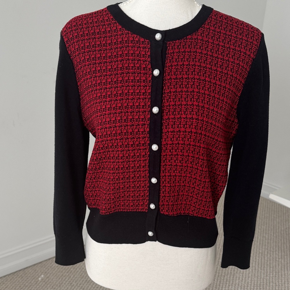 Karl Lagerfeld Red and Black Cardigan with Pearl Buttons